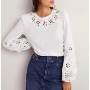 Boden Broderie Insert Long Sleeve Jersey Top White 6 Embroidered Preppy Cut-Out